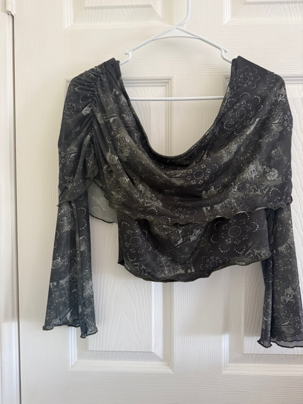 Off-Shoulder Green Floral Sheer Bell-Sleeve Top
